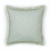 Coussin carré à franges esprit lin bleu céladon