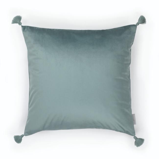 Coussin carré à pompons en velours lisse coloris bleu glacé