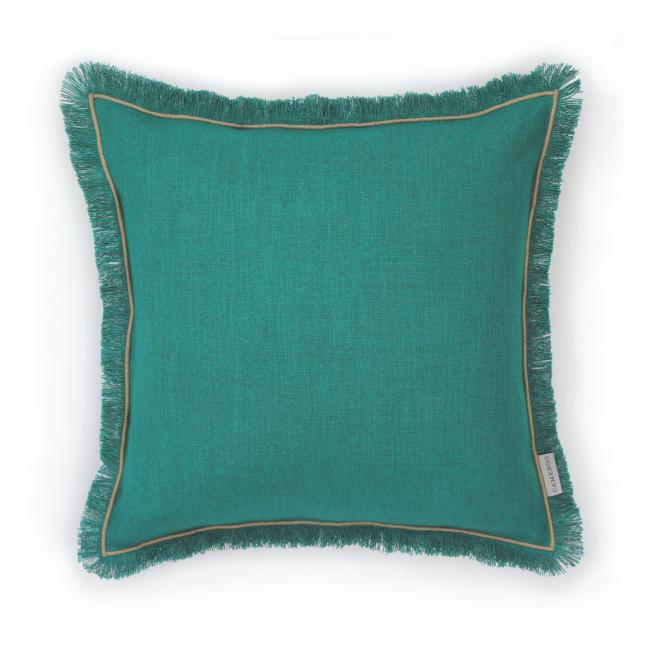 Coussin carré à franges esprit lin vert emeraude