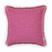 Coussin carré à franges esprit lin framboise