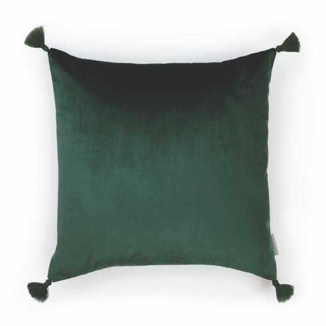 Coussin carré à pompons en velours lisse coloris vert anglais