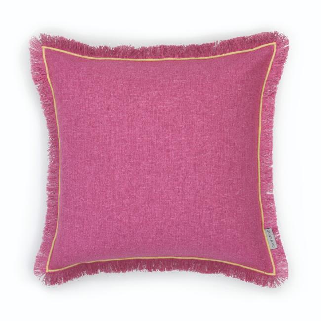 Coussin carré à franges esprit lin framboise