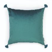 Coussin carré à pompons en velours lisse coloris canard