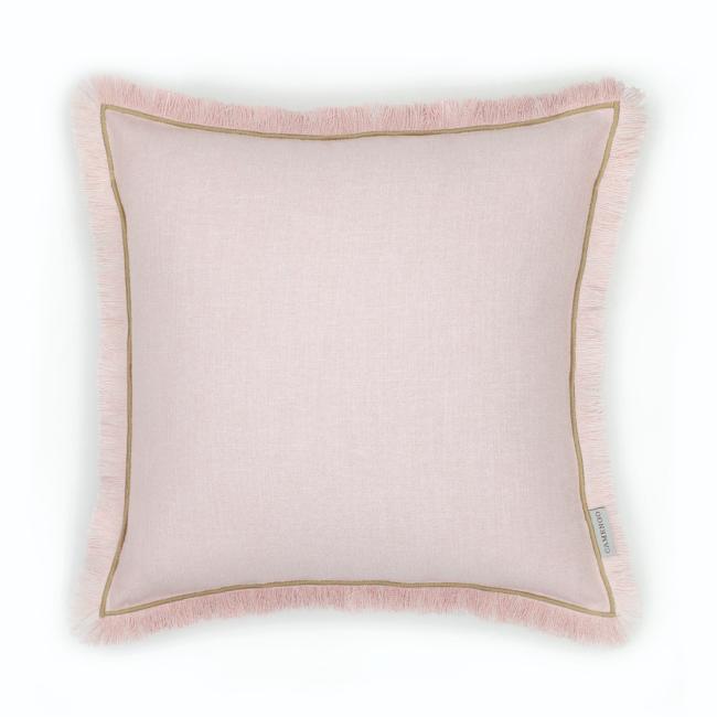 Coussin carré à franges esprit lin rose dragée