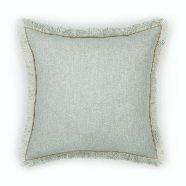 Coussin carré à franges esprit lin bleu céladon