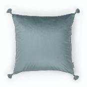 Coussin carré à pompons en velours lisse coloris bleu glacé