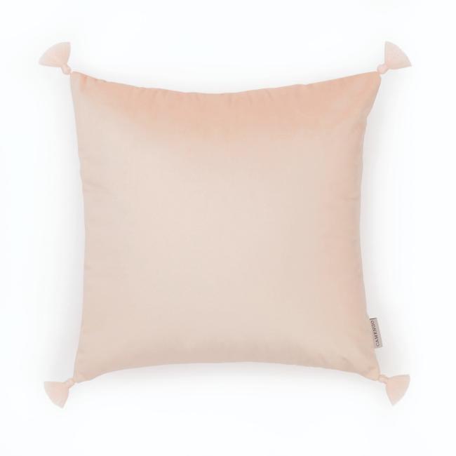 Coussin carré à pompons en velours lisse coloris rose poudré