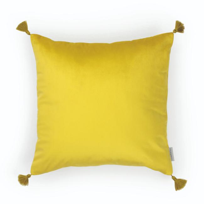 Coussin carré à pompons en velours lisse coloris jaune soleil