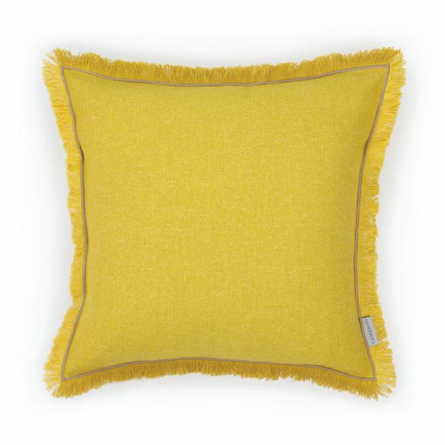 Coussin carré à franges esprit lin jaune lumineux